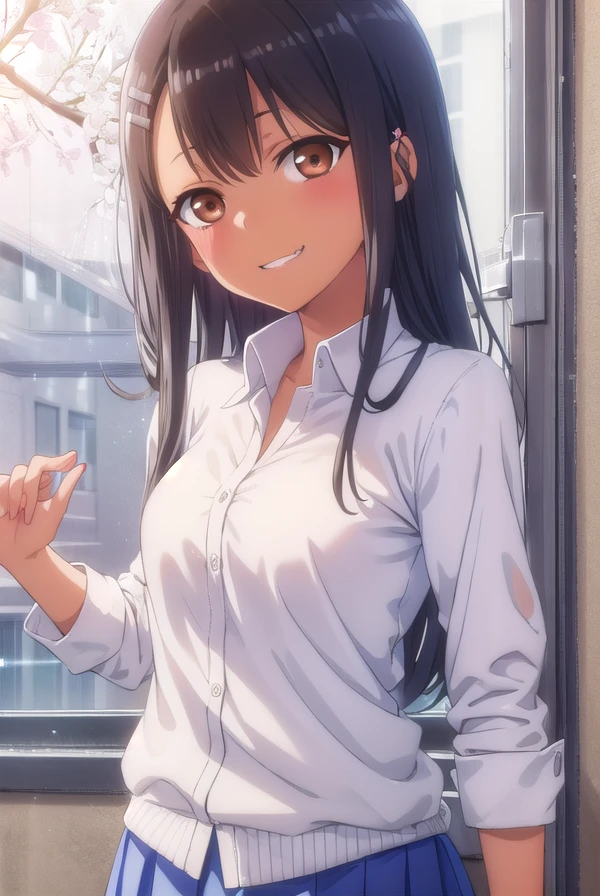 hayasenagatoro, <lora:hayase nagatoro s1s2-lora-nochekaiser:1>,
hayase nagatoro, long hair, bangs, black hair, hair ornament, (brown eyes:1.5), (hairclip:1.2), fang, dark skin, dark-skinned female, tan, smile, grin,
BREAK skirt, shirt, school uniform, white shirt, pleated skirt, nail polish, blue skirt, red nails, earclip,
BREAK indoors, classroom,
BREAK looking at viewer, (cowboy shot:1.5),
BREAK <lyco:GoodHands-beta2:1>, (masterpiece:1.2), best quality, high resolution, unity 8k wallpaper, (illustration:0.8), (beautiful detailed eyes:1.6), extremely detailed face, perfect lighting, extremely detailed CG, (perfect hands, perfect anatomy),