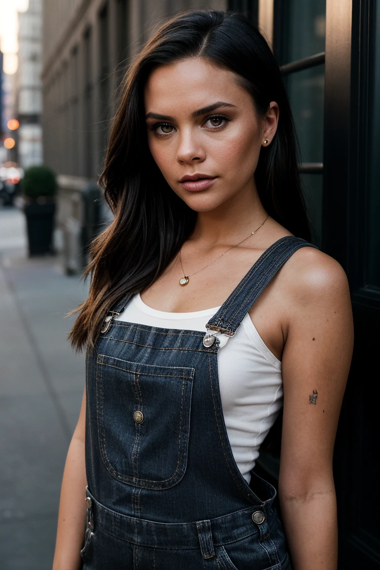 photo of preppy (v1cadms-135:0.99), a beautiful woman, perfect hair, (modern photo), (Dark Steel Gray denim overalls and tight top), 85mm lens, f16 aperture, (analog, cinematic, film grain:1.3), (A classic New York City brownstone with steps leading to the front door:1.2), detailed eyes, seductive pose, (epicPhoto), (looking at viewer:1.1), (glossy lips), eyeliner, jewelry, (cinematic shot:1.3), (natural lighting, lit from above), PA7_Portrait-HL_v2