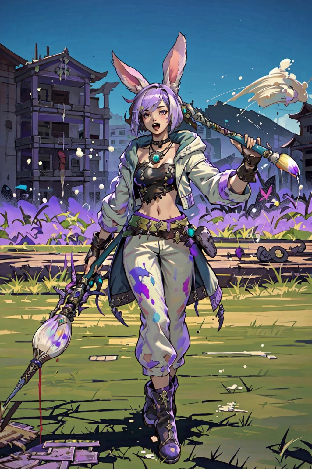 PictomancerFFXIV, 1girl, solo, viera, rabbit ears, short hair, open mouth, gloves, outdoors, navel, jewelry, jacket, full body, purple hair, boots, midriff, belt, pants, fingerless gloves, necklace, paintbrush, paint drip, paint splash, paint splatter, grass, mountains, Onsal Hakkir, PVP mode, FFXIV, masterpiece, best quality , official art , <lora:PictoMancerFFXIV:0.8>