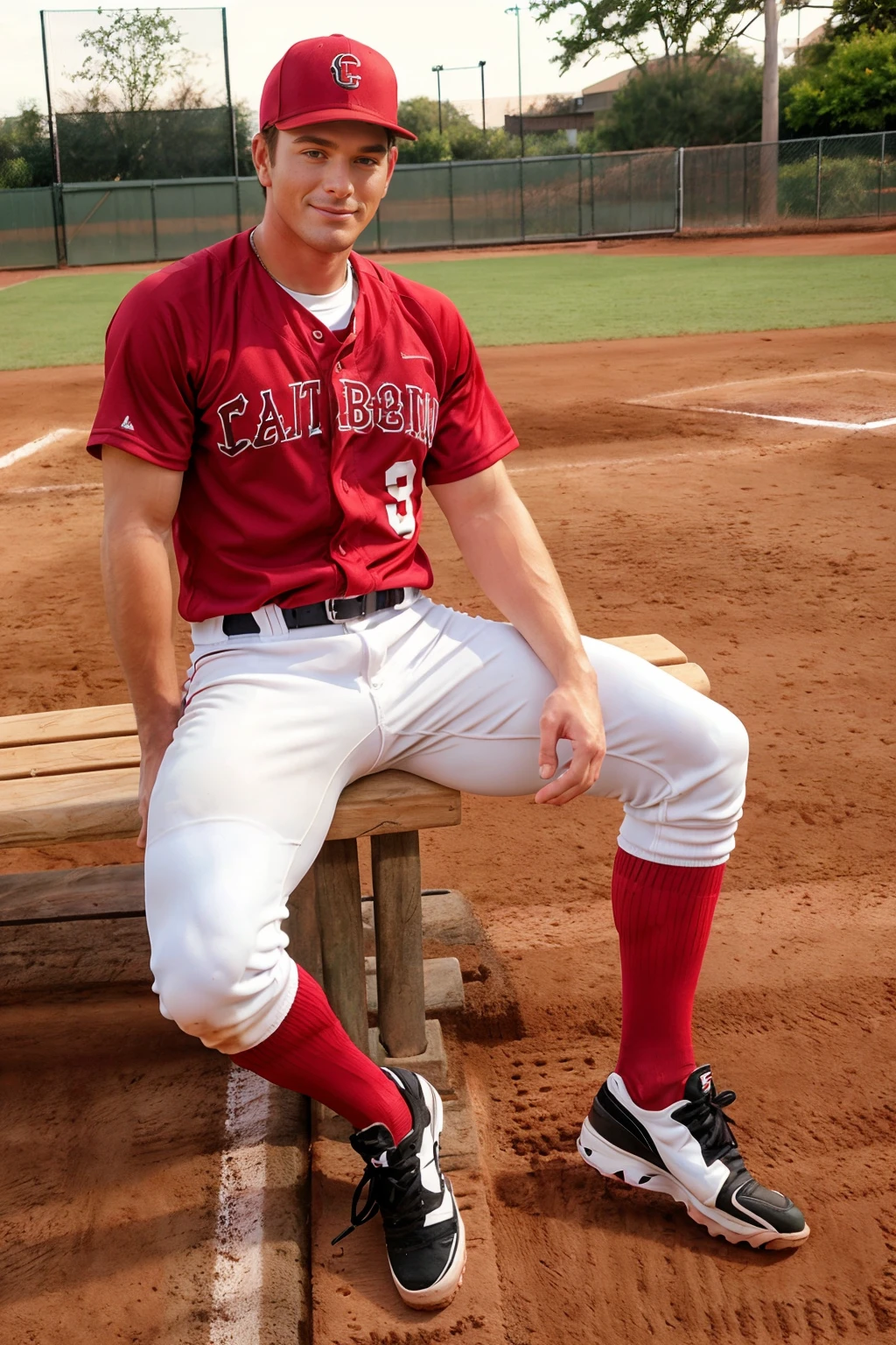 outdoors, baseball field, (in baseball dugout:1.3), dirt floor, (sitting on wooden bench), wooden wall in background, BrentCorrigan is a baseballplayer, slight smile, baseball uniform, (crimson jersey), white pants, (crimson socks), long socks, (black sneakers), ((full body portrait)), wide angle <lora:Clothing - Sexy Baseball Player:0.55> <lora:BrentCorrigan:0.8>