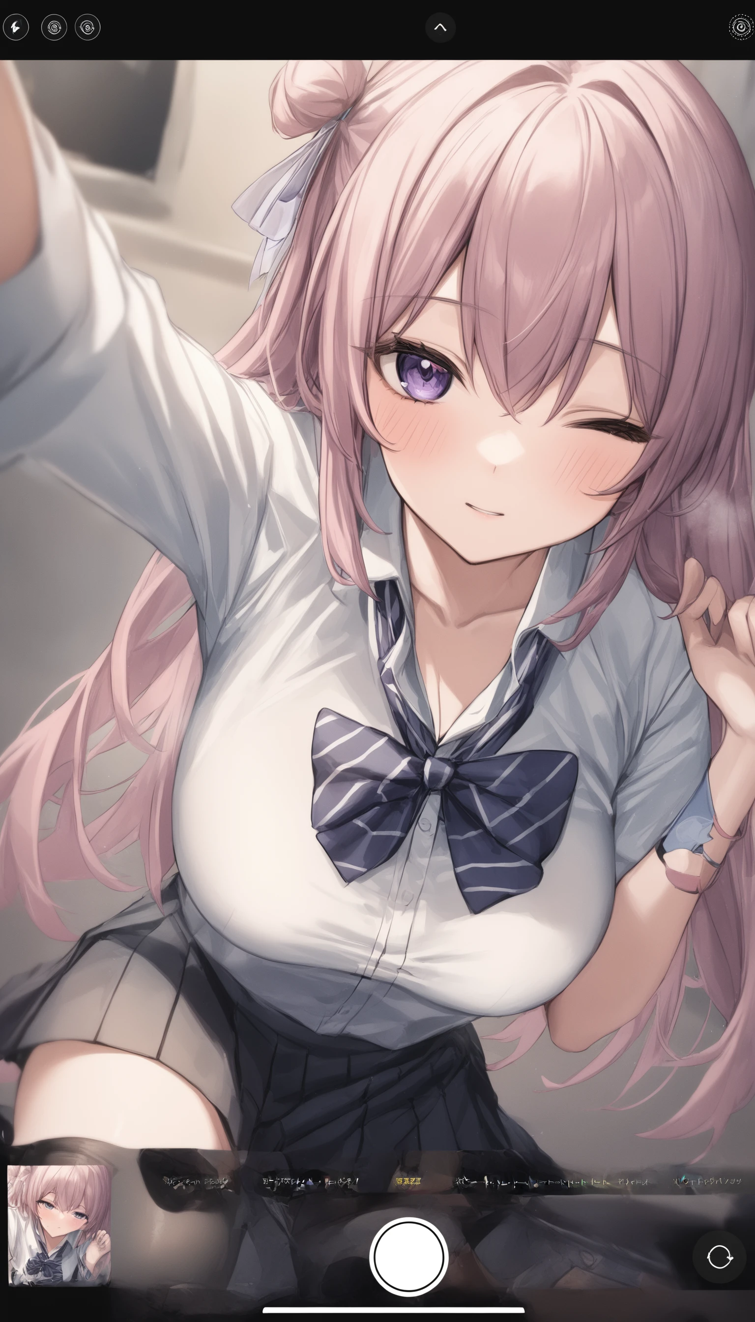 1girl, <lora:sdxl2-flat2-512b:-1>,medium breasts, school uniform,medium breasts,
<lora:selfieXLv2:0.9>,selfie, user interface, fake screenshot, viewfinder, phone screen, taking picture,
best quality,medium quality,