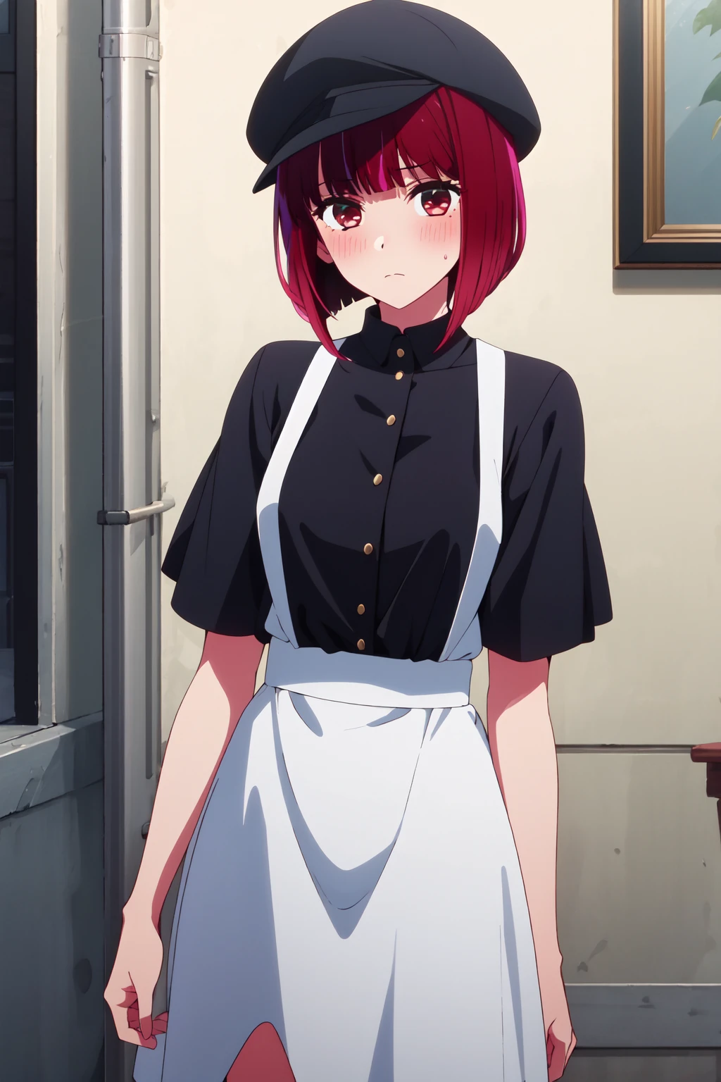 <lora:anime_screencap_v2:0.3> tall body, tall, long legs, mature female, mature, adult, <lora:GoodHands-beta2:1.4>,
<lora:eft_oshi_kana:0.8> , eft_oshi_kana, 1girl, solo, red hair, hat, blush, short hair, red eyes, looking at viewer, short sleeves, upper body, bangs, closed mouth, blunt bangs, black headwear, dress, shirt