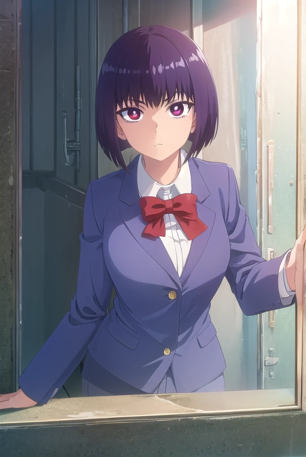 hanasunomiya, <lora:hana sunomiya s2-lora-nochekaiser:1>,
hana sunomiya, short hair, (red eyes:1.3), purple hair, bangs,
BREAK shirt, bow, school uniform, white shirt, collared shirt, bowtie, red bow, red bowtie, blazer, jacket,
BREAK outdoors,
BREAK looking at viewer, (cowboy shot:1.5),
BREAK <lyco:GoodHands-beta2:1>, (masterpiece:1.2), best quality, high resolution, unity 8k wallpaper, (illustration:0.8), (beautiful detailed eyes:1.6), extremely detailed face, perfect lighting, extremely detailed CG, (perfect hands, perfect anatomy),