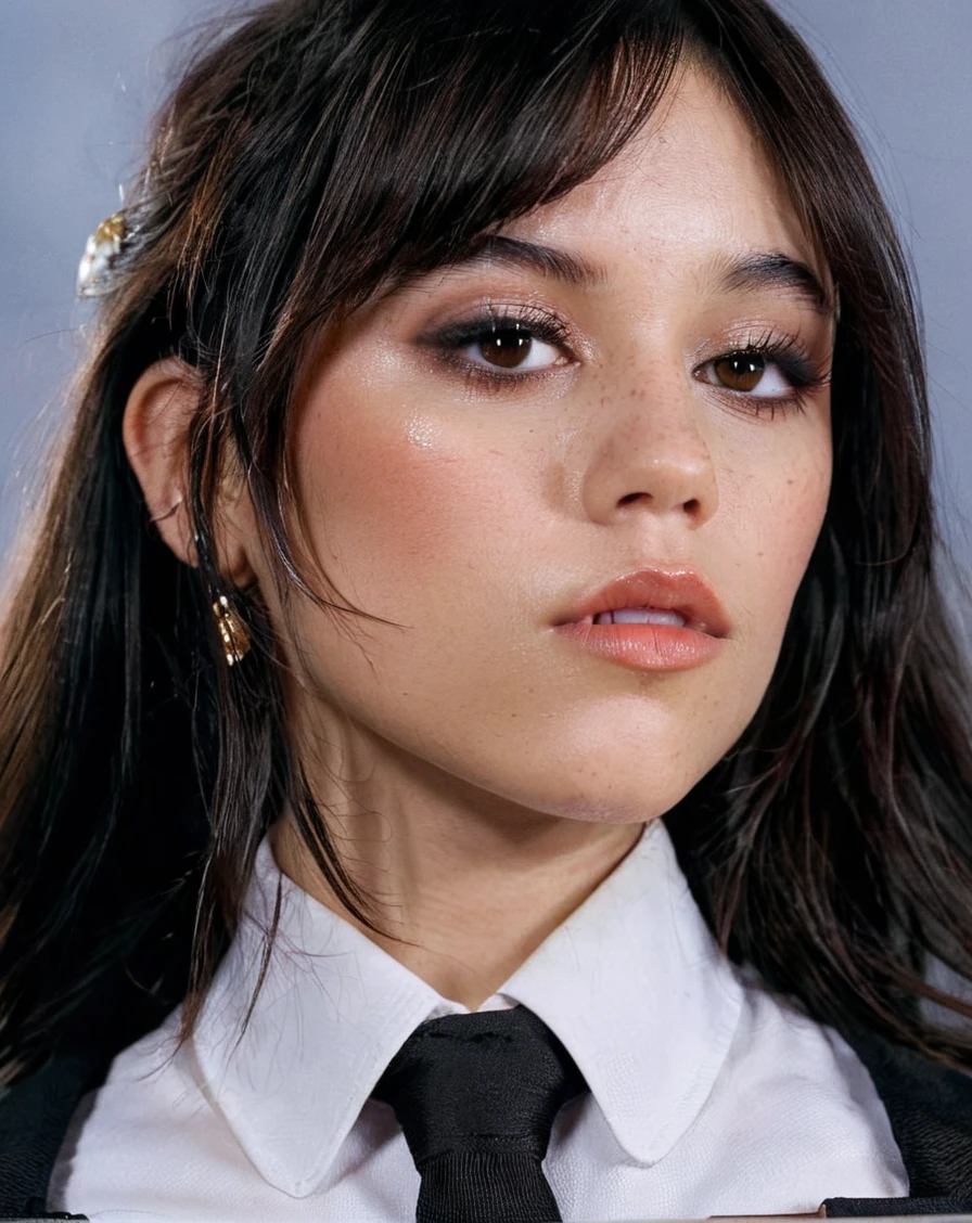 a beautiful picture of w3dn3sday, masterpiece, photorealistic, woman, detailed, backlighting, light, RAW color photo,(fully in frame:1.1), detailed skin texture, (blush:0.5), (goosebumps:0.5),wearing a uniform, black hair, <lora:w3dn3sday_3:1>