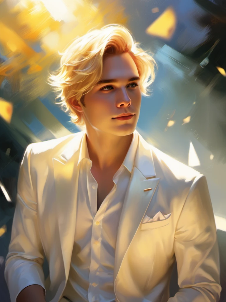 1 male, blonde hair, short hair, solo, magic, white tuxedo, sunshine on hair