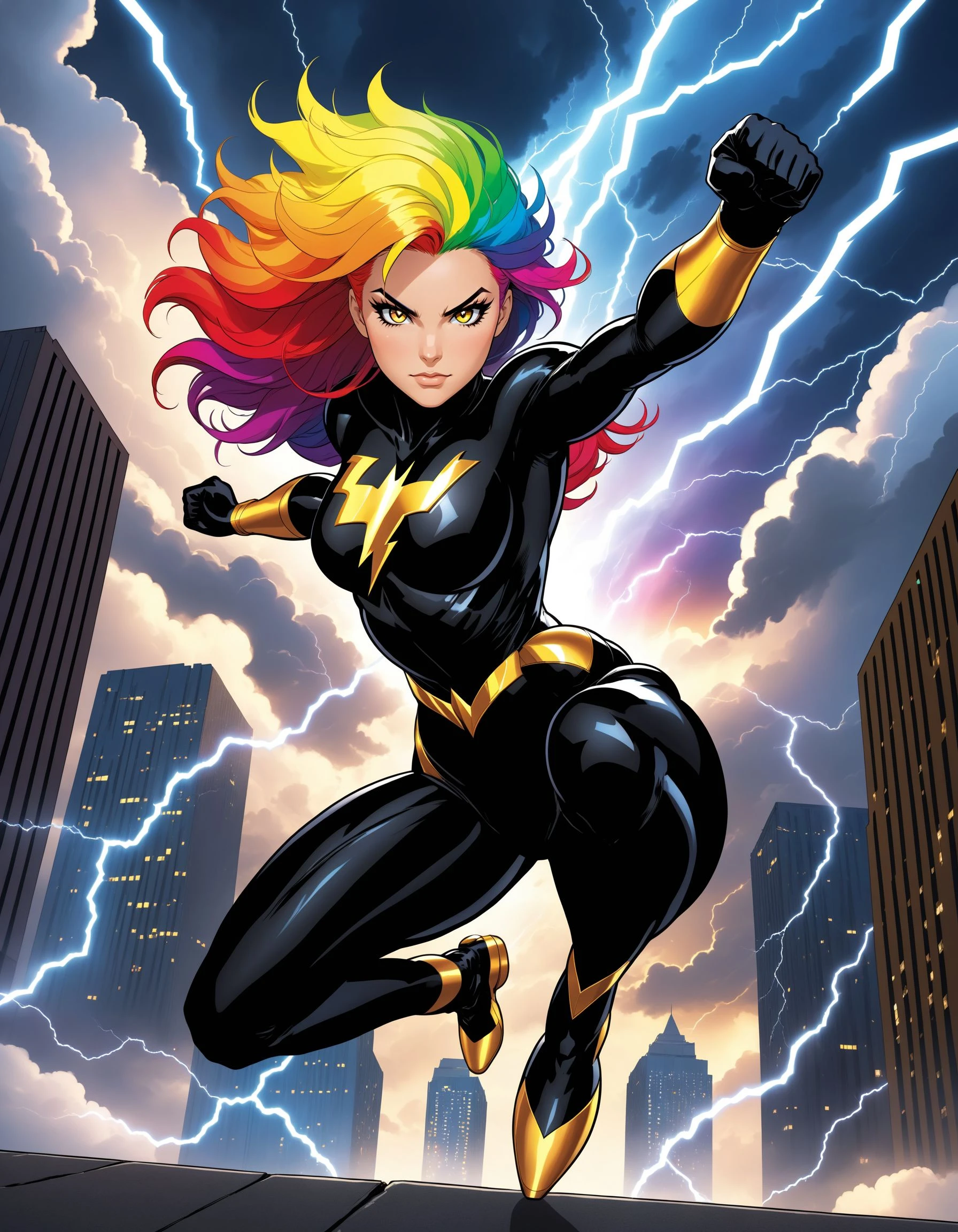 1girl, Dc Comics, solo, looking at viewer, black body suit, lightning bolt symbol, flying through the sky, fight pose, thunderstorm, gold eyes, makeup, rainbow hair, multicolored hair, gradient hair, outdoors, city, sky, clouds, very detailed, high resolution, sharp, sharp image, extreme light and shadow, depth of field, side lighting, rim lighting, cinematic lighting, cinematic angle, masterpiece, best quality