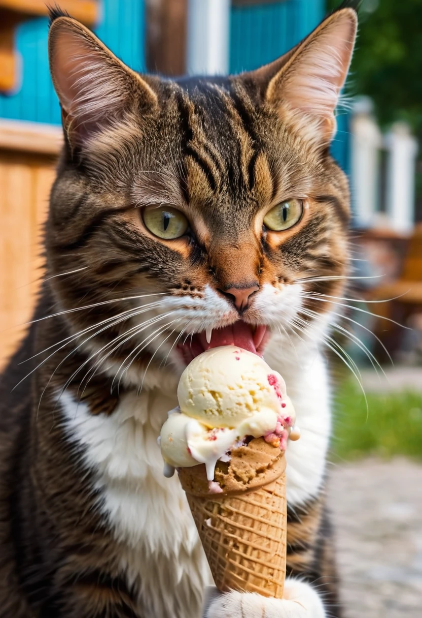 cat is eating an ice-cream, outdoors, closeup