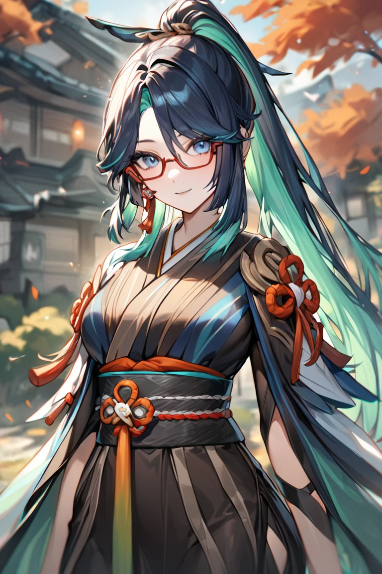 masterpiece, best quality, ultra detailed, BREAK 
1girl, solo, female, xianyunexp, blue eyes, multicolored hair, ponytail, hair ornament, glasses, earrings, 
kimono , japanese clothing, japanese background, standing,,, light smile, outdoors, looking at viewer, cowboy shot, colorful, vivid, <lora:Xianyun_XL-000008:0.8>