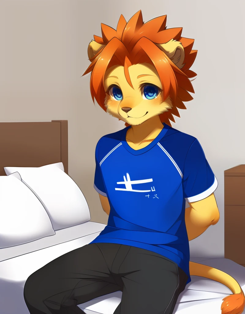 (((detailed eyes, detailed face))), (furry, soutarou <lora:character_soutarou_findigo_v3:1>, orange hair, spiked hair, lion boy, snout), male, (solo), (plump), (blue shirt, blue print shirt, short sleeves, brown cropped pants, clothes writing), sitting, (arms behind back), smile BREAK (konzaburou, ukan_muri, cute), bedroom, (flat shading, flat color, high brightness), 8k, UHD, masterpiece, (full body)