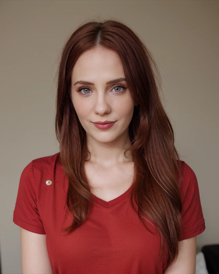 smoonstyle, a woman, portrait, long hair, ((red shirt)), short sleeves, smile, grin, makeup, eyelashes,