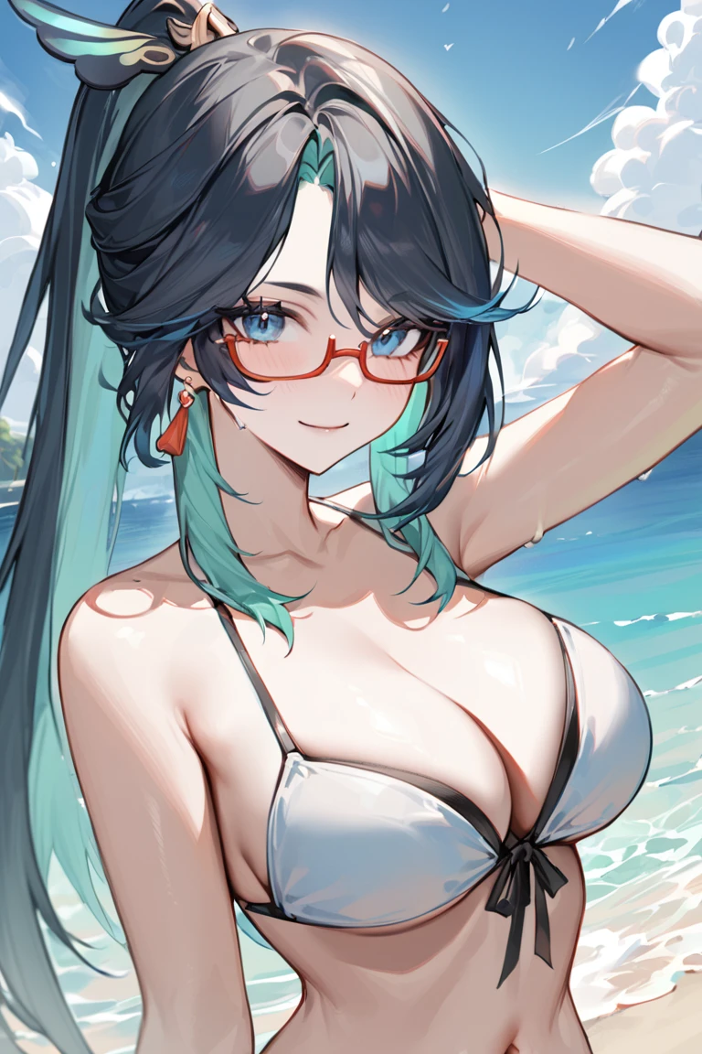 masterpiece, best quality, ultra detailed, BREAK 
1girl, solo, female, xianyunexp, blue eyes, multicolored hair, ponytail, hair ornament, glasses, earrings, 
bikini, beach, ocean, cleavage, navel, upper body , ,, light smile, outdoors, looking at viewer, cowboy shot, colorful, vivid, <lora:Xianyun_XL-000008:0.8>