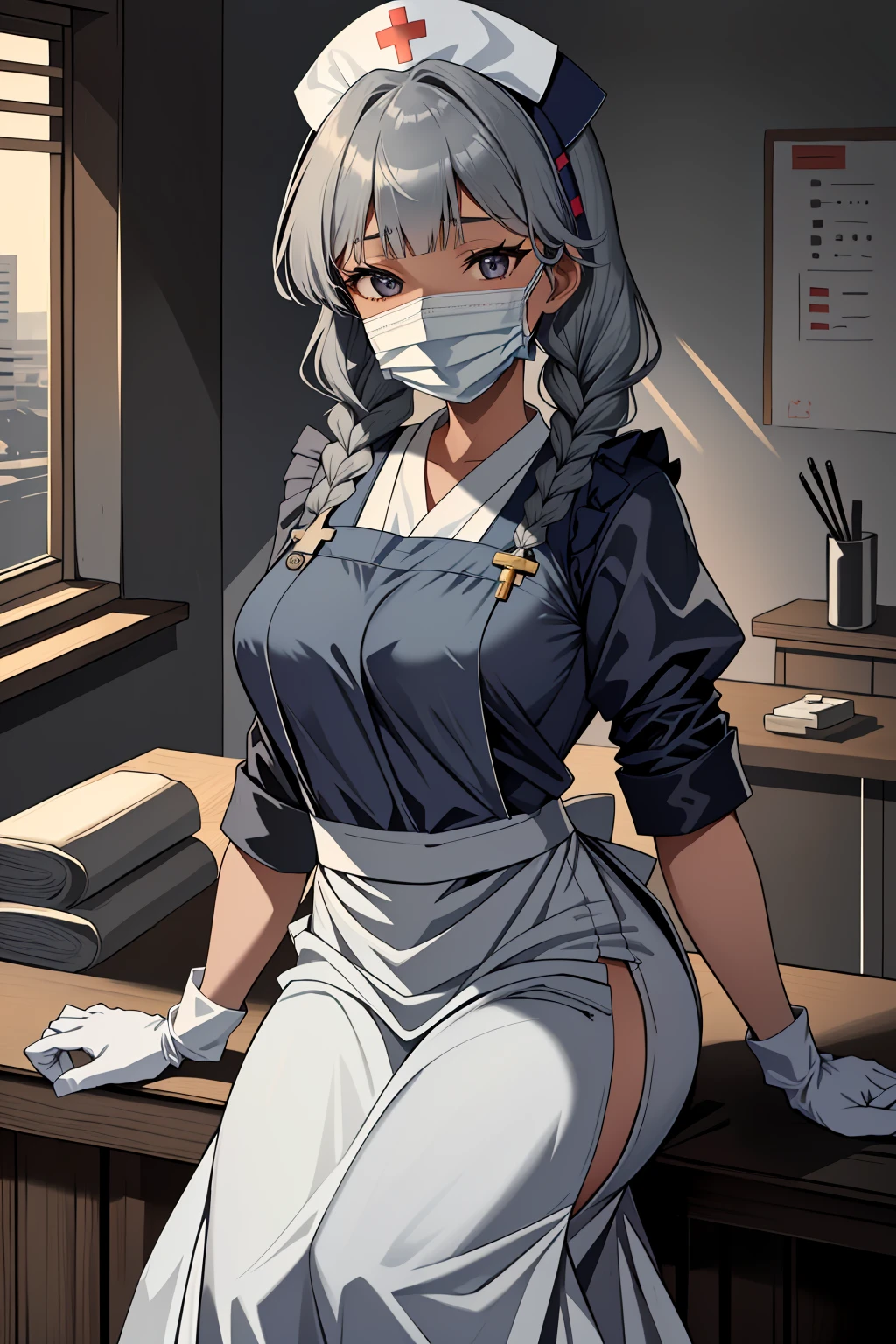 ((masterpiece, best quality, high quality)),1girl,<lora:infirmary_v0.1:0.5> (infirmary), <lora:Fumiko Kubo:0.7> (1girl, 3dcg 04, bangs, blunt bangs, dark skin, dark-skinned female, fumiko kubo, grey eyes, grey hair, medium breasts, side braids, sidelocks, solo, twin braids, very long hair), <lora:0- CL - Long Apron Nurse Frilled v2:0.6> (nurse_long_apron, apron, mask, nurse cap, surgical mask, nurse, long sleeves, latex gloves),