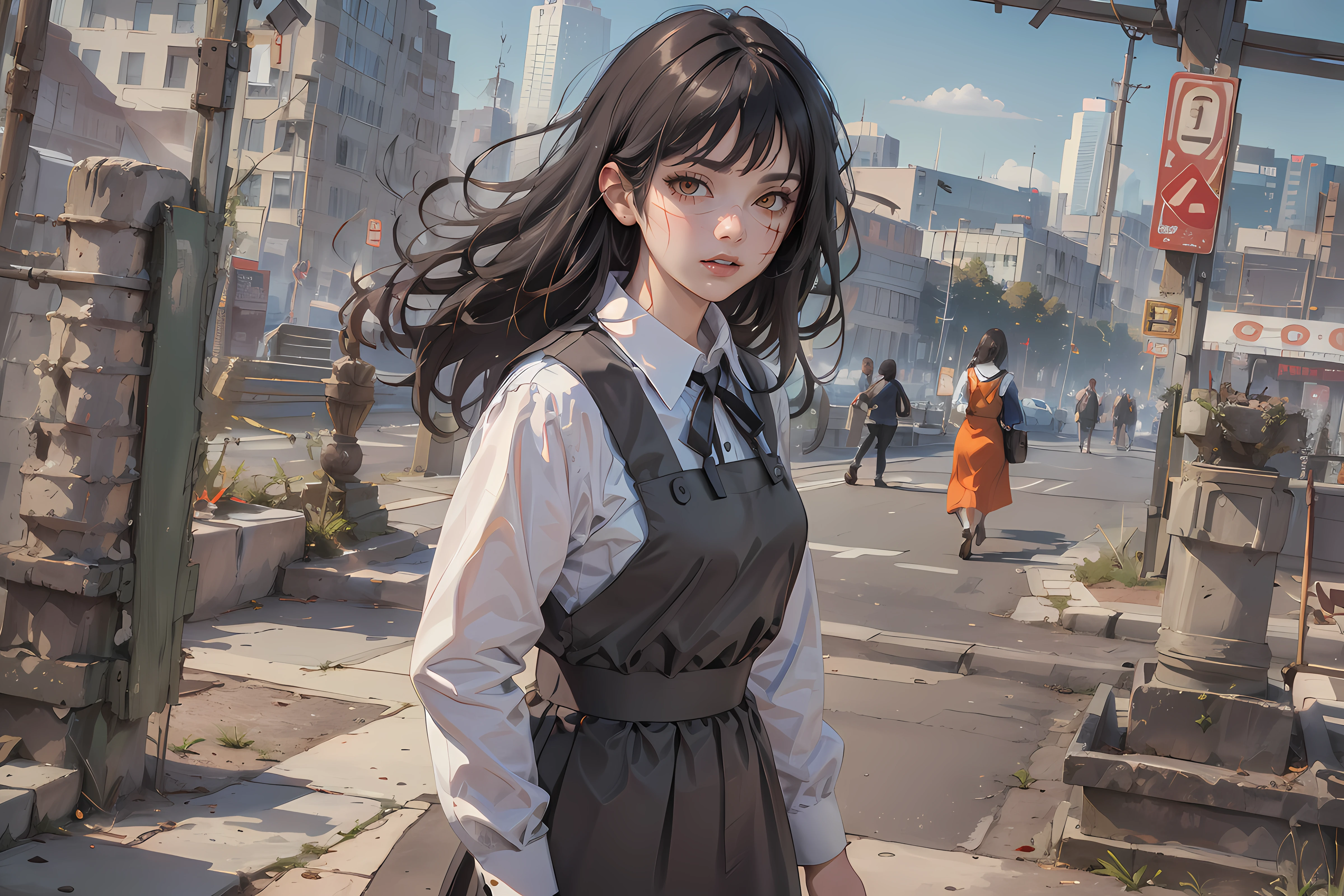 ((best quality)), ((masterpiece)), (detailed) ,
collared shirt,pinafore dress,
yorudef, orange eyes,scar on face,outside ,city,