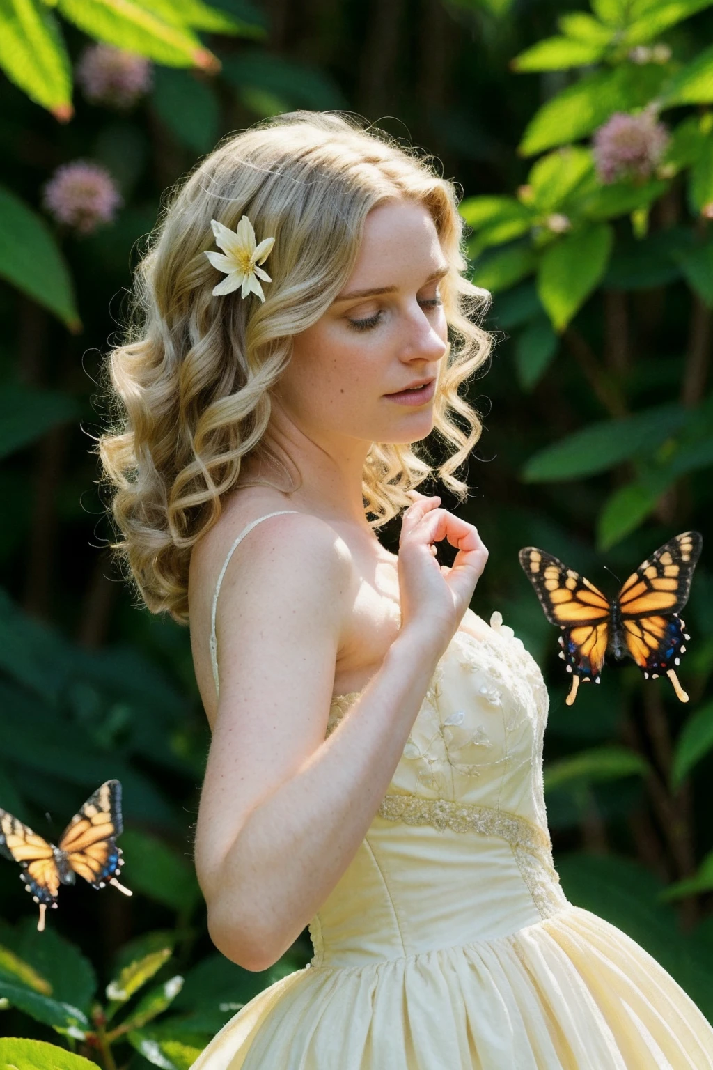 fantasy, natfran, dynamic poses, summer, 24mm, 4k textures, intricate, elegant, highly detailed, sharp focus, cinematic look, soothing tones, intricate details, <lora:NatalieFrancis-v20M:0.9> arboretum with butterflies and flowers