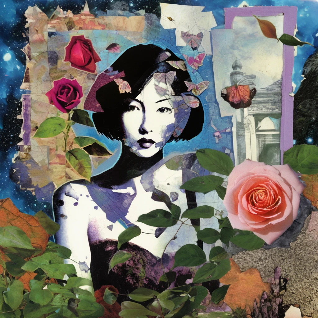 astrstica girl with rose in garden, collage, surrealism <lora:astrstica:1>