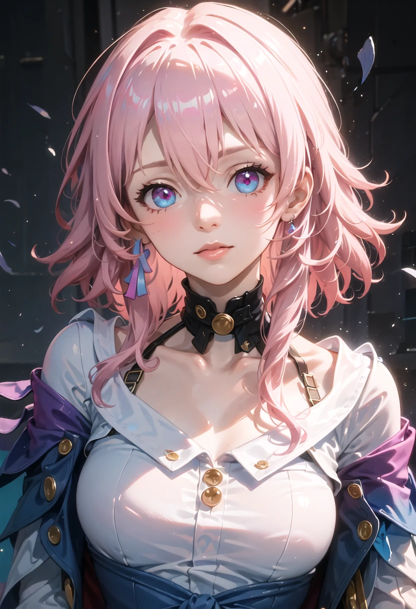 (High Detail:1.2) Anime Girl, Pink Hair, (Cinematic Lighting, Delicate Colors), (Purple Lightning:1.2), Lighting Calm, Wind, Fog. Turquoise, delta tones.