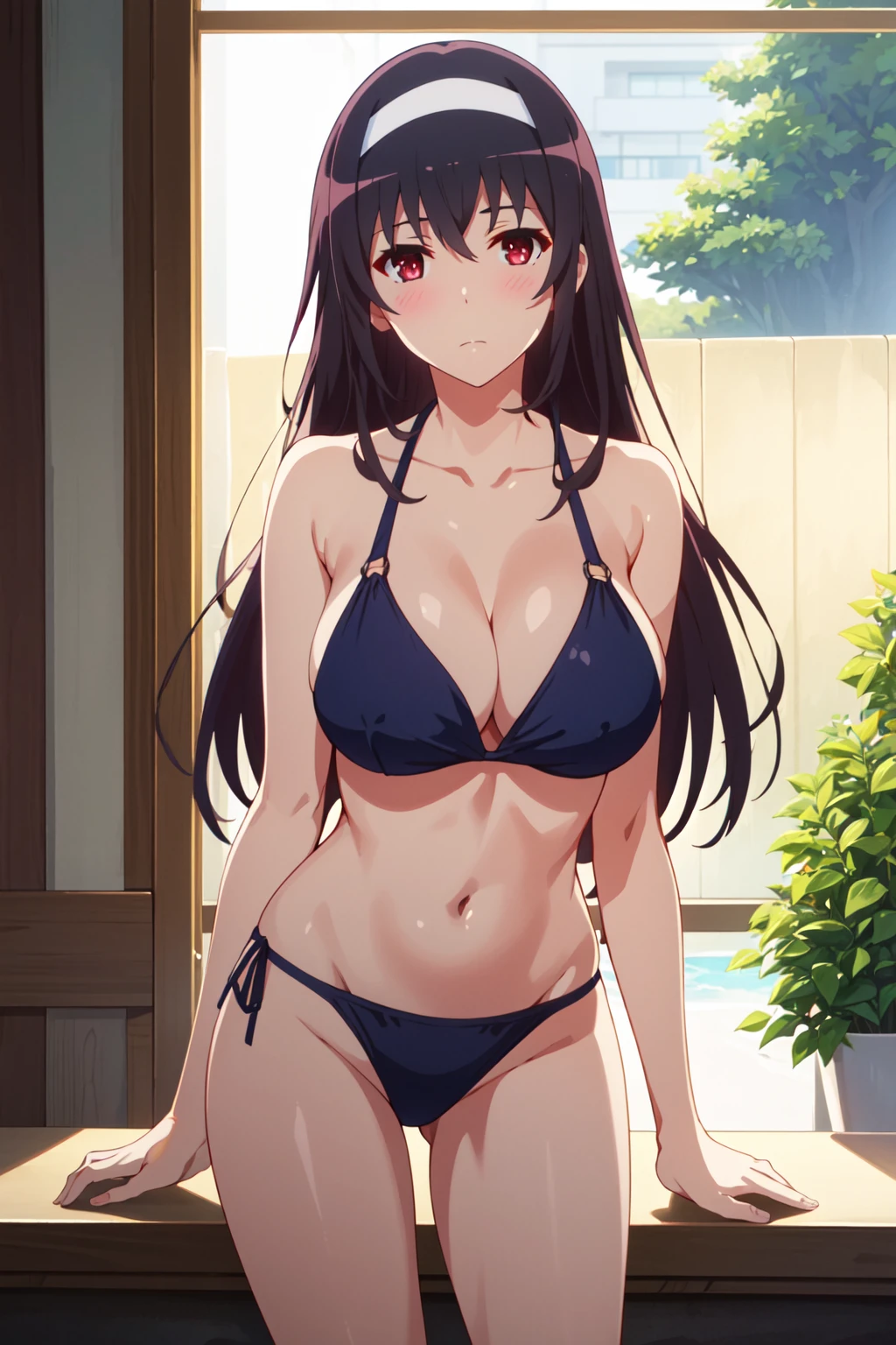 Akame (akame ga kill), showing boobs, micro bikini, attractive position, big thighs, long hair, seductive, beach, sweaty body, seductive face, akame beauty face, sexy girl, sweetie boobs, showing body, nsfw, beauty, detailed face, hot, five fingers hands