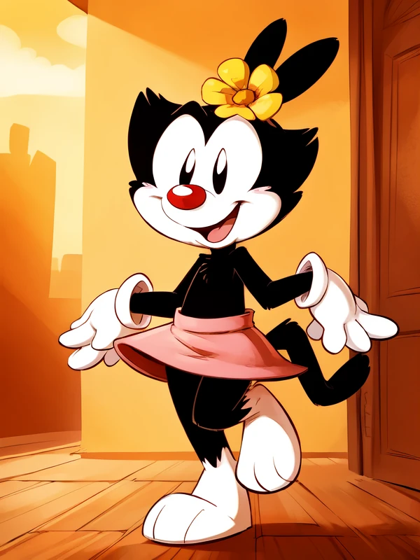 <lora:DotW_2:0.8>
(digital painting \(artwork\), by Orlandofox, by Pizademokttero, by Atryl, by Pizademokttero),
solo, dotw, girl, black body, black head, white cheeks, white legs, black ears, mouth open, black tail, white eyelids, black eyes, Red nose, white gloves, yellow flower on head, pink elastic band on ears, pink skirt, standing on one leg, rejoices
BREAK,
city
detailed background, shadow, ambient silhouette, backlighting,
masterpiece, best quality, 4k, 2k, (high detail, toony:1.25), absurd res, masterpiece, detailed, detailed background, 8k, 4k, detailed shaders
