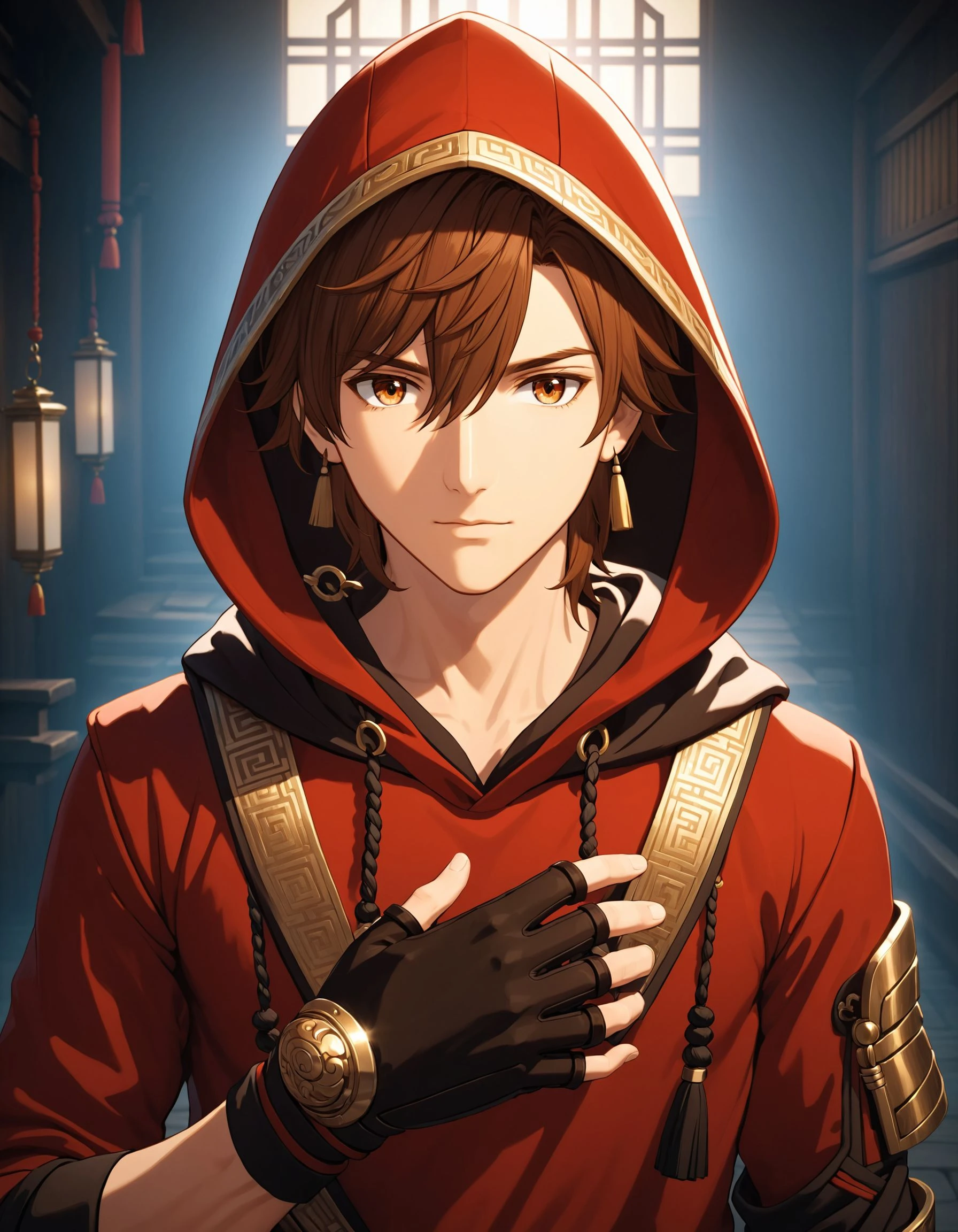 Hoyoearth, solo, looking at viewer, simple background, brown hair, shirt, gloves, long sleeves, 1boy, hair between eyes, brown eyes, closed mouth, collarbone, jacket, ahoge, male focus, cowboy shot, black gloves, hood, fingerless gloves, red shirt, hood up, very detailed, cinematic angle, outdoors, ancient japan, ultra sharp, rembrandt lighting, side lighting, cinematic shading, cinematic lighting, foreshortening, detailed background, masterpiece, best quality , official art , <lora:hoyoverse_SDXL:0.8>