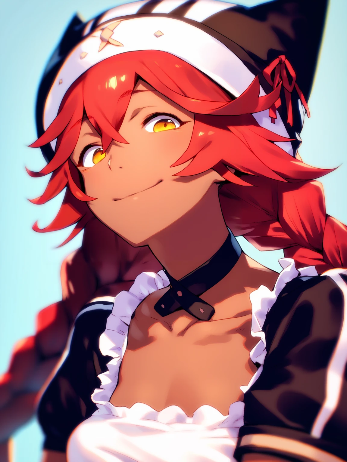 score_9, score_8_up, score_7_up, score_6_up, score_5_up, score_4_up, BREAK, source_cartoon, source_anime, 1girl, lupusregina, red hair, long hair, twin braids, yellow eyes, dark skin, choker, dress, hat, maid, upper body, sadistic smile, looking at viewer, solo, simple background <lora:LupusReginaXL:1>