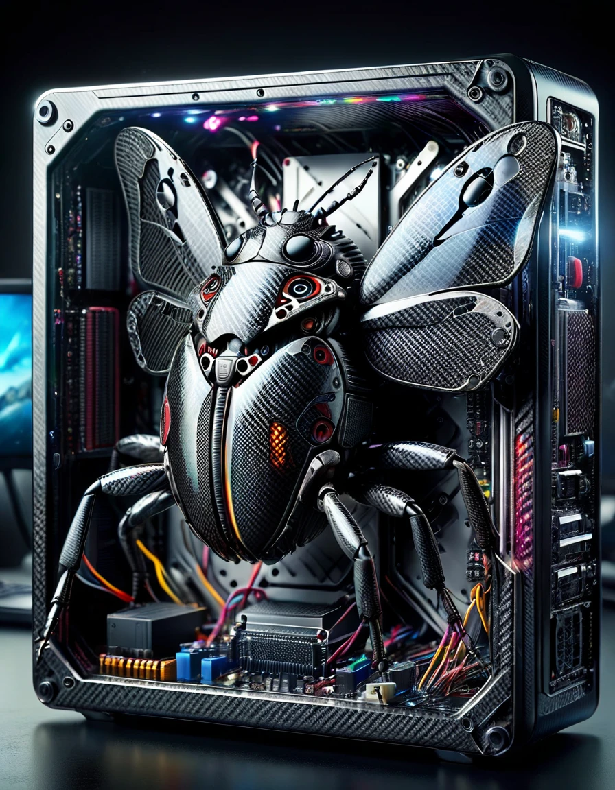 A bug made of electronic components, inside a computer case, eating computer components, with sparks and led lights., ultra hd, realistic, vivid colors, highly detailed, UHD drawing, pen and ink, perfect composition, beautiful detailed intricate insanely detailed octane render trending on artstation, 8k artistic photography, photorealistic concept art, soft natural volumetric cinematic perfect light, made of ral-carbonfiber <lora:ral-carbonfiber:1> ral-carbonfiber landscape