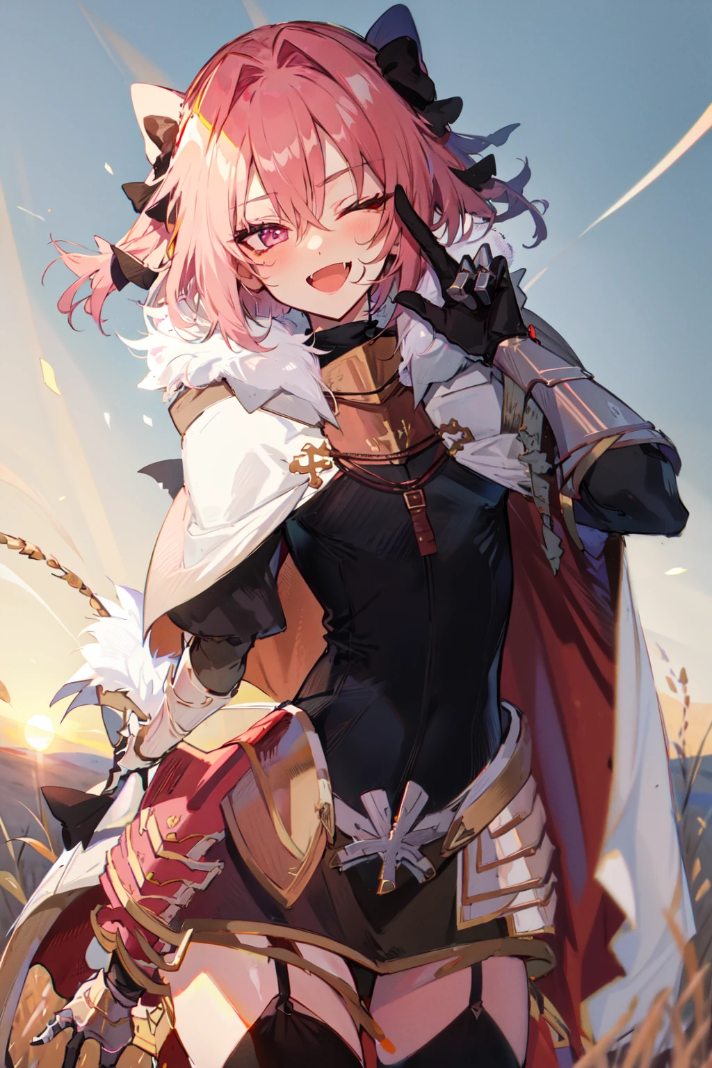 best quality, masterpiece, perfect anatomy, 1boy, <lora:Astolfo_-_Rider:1>, astrider, black polo neck, fur trim, cape, hair bow, garter straps, gauntlets, black shirt, black thighhighs, armored dress, sunset wheat field background, (winking:1.3)