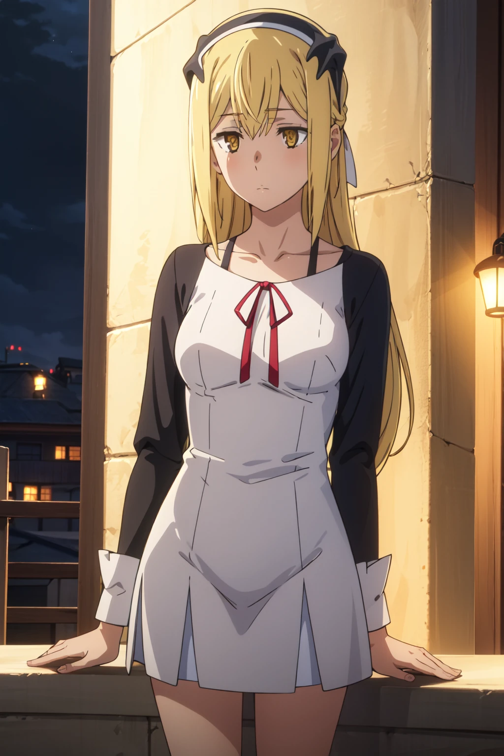 <lora:anime_screencap_v2:0.3> tall body, tall, long legs, mature female, mature, adult, <lora:GoodHands-beta2:1.4>,
<lora:eft_danmachi_aiz:0.8> eft_danmachi_aiz, 1girl, solo, blonde hair, long hair, yellow eyes, anime coloring, collarbone, upper body, closed mouth, ribbon, expressionless, dress, night, looking away, hairband, shirt, looking to the side