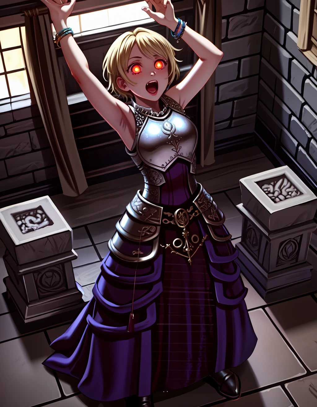 (masterpiece,best quality:1.2),neon colors,1girl,ameliamaid,solo,very short hair,blonde hair,arms up,arms above head,arched back,screaming,((glowing eyes)),magic,full body,armor,dress,jewelry,bracelet,sleeveless,indoors,in medieval stone dungeon,ornate,mystical,blood on floor,underground, <lora:AmeliaMaidRT:0.95>, <lora:LORA-XenoDetailer-v2:0.1>