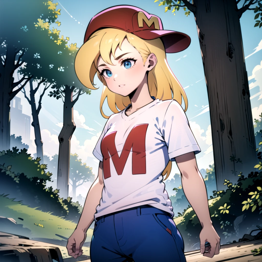 1girl, Maxine, blonde hair, long hair, red hat, white shirt, blue eyes,  short sleeves shirt,  baseball cap, blue pants, white shoes,    <lora:Maxine_MightyMax_Leaf2:0.8>, cowboy shot,  forest,