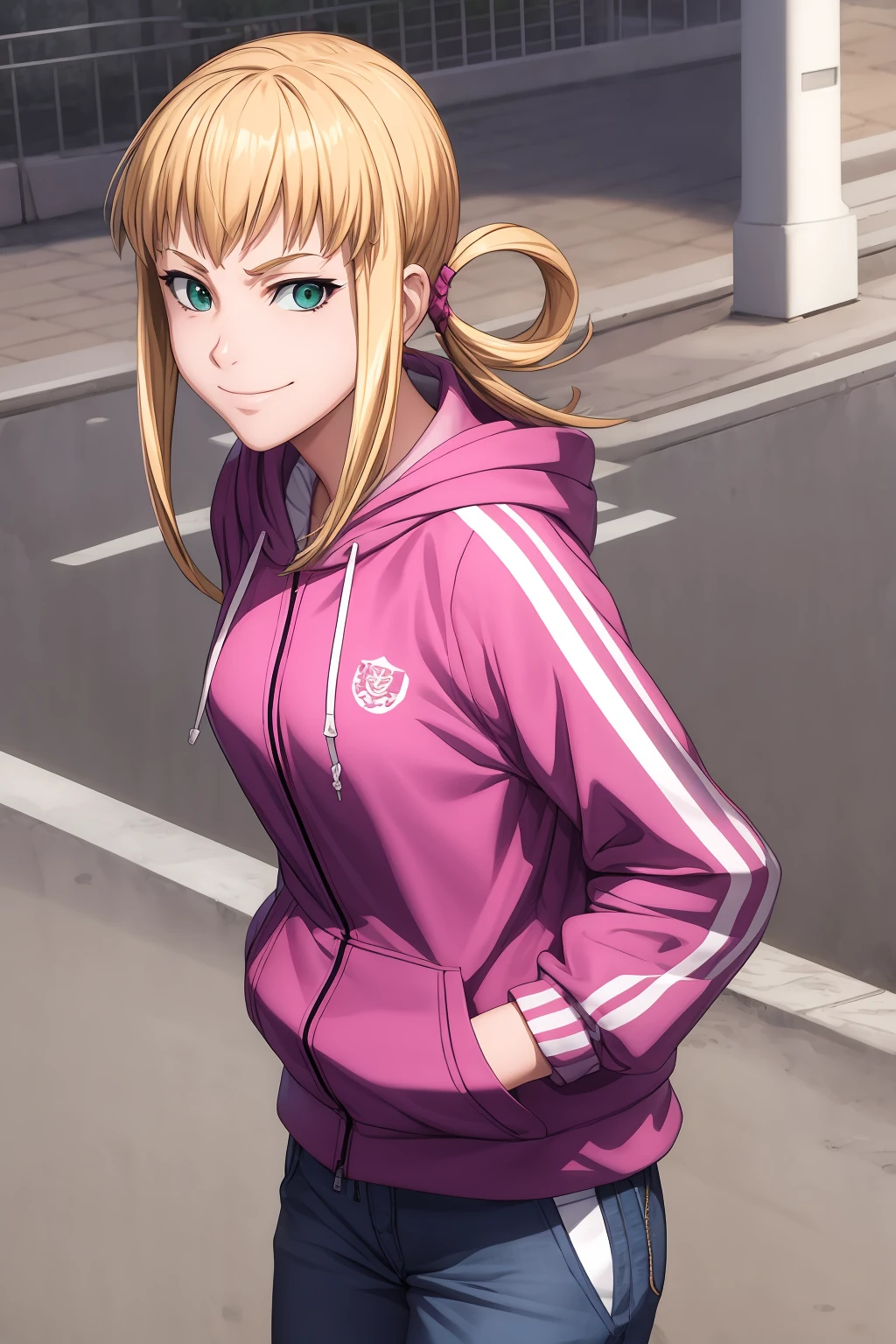 hires, best quality, masterpiece, 1girl, solo, blonde hair, sidelocks, hair rings, look at viewer, smirk face, silvia_alisia, poses, jacket, hoodie jacket, hiphop, pants, outdoor
