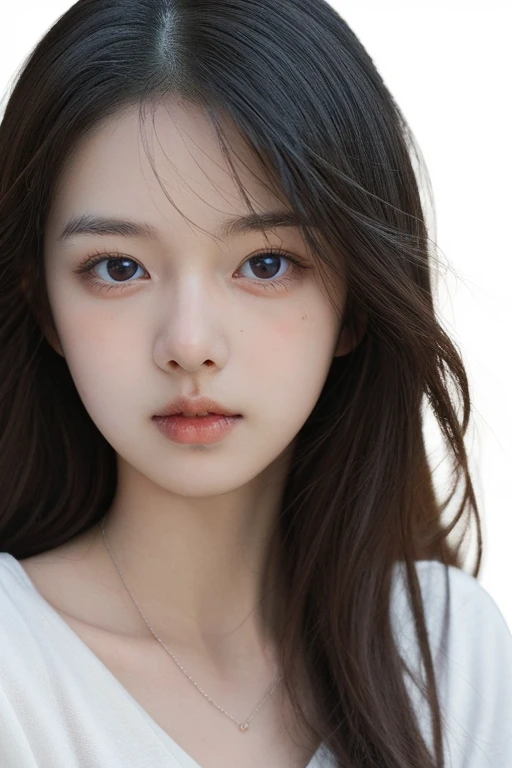 <lora:Amia-000002:0.8>,Round face,Kawaii,1girl,solo,jewelry,realistic,necklace,long hair,black hair,looking at viewer,simple background,white background,lips,brown eyes,portrait,closed mouth,