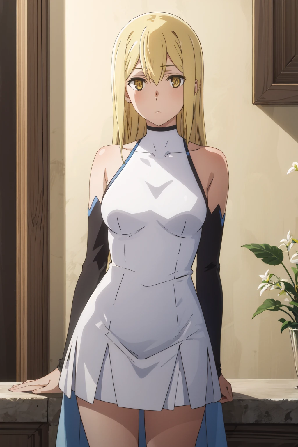 <lora:anime_screencap_v2:0.3> tall body, tall, long legs, mature female, mature, adult, <lora:GoodHands-beta2:1.4>,
<lora:eft_danmachi_aiz:0.8> eft_danmachi_aiz, 1girl, solo, long hair, blonde hair, yellow eyes, breasts, bare shoulders, upper body, looking to the side, sleeveless, anime coloring, medium breasts, hair between eyes, closed mouth, looking at viewer, expressionless, collarbone, dress, white skirt