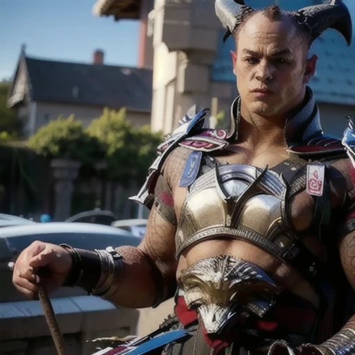 pinup of Reiko, wearing, houlder armor, pauldrons, breastplate, armlet, blue eyes, black long hair, bun hair, shaved at sides, war paint, makeup,solo, sun, blue sky, best quality, male,muscular, realistic, photorealistic, (intricate details:1.2), (delicate detailed), (cinematic light), clear line, ,fullbody,<lora:reiko>