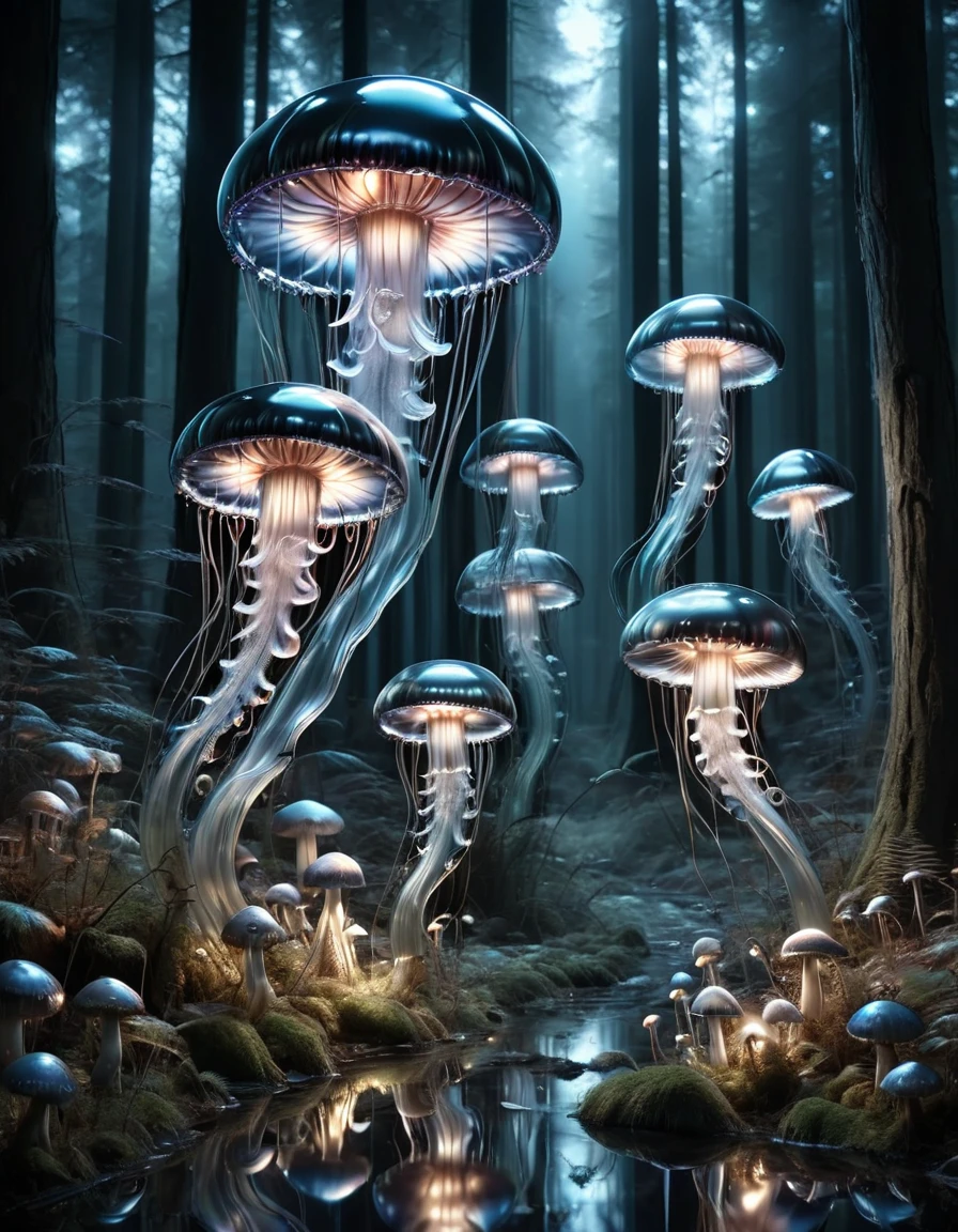 A jellyfish forest with mushrooms glowing in the dark, a forest fantasy in a nature scenery, made out of ral-polishedsteel <lora:ral-polishedsteel:1>