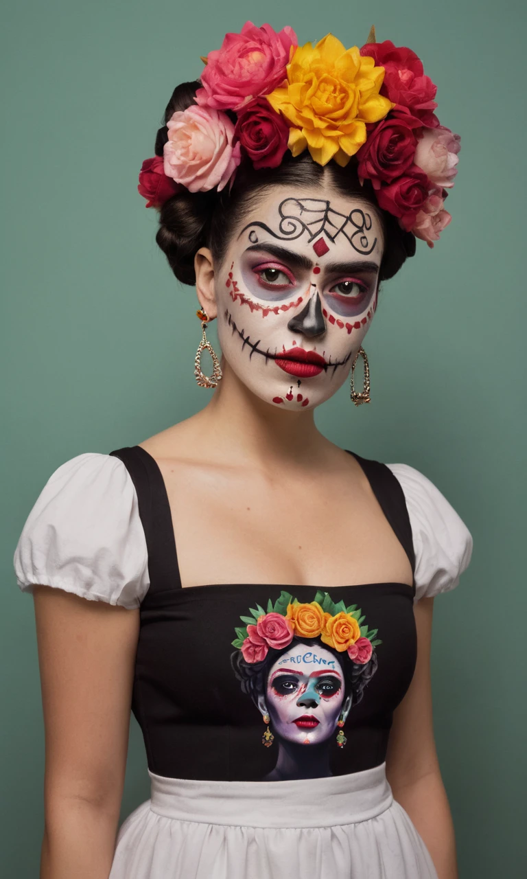 ((woman in katr1na face paint:1,catrina crown, talavera dress)),frida kahlo,<lora:CatrinaMulti_byDevDope.safetensors : 1>
<lora:Frida_Kahlo_by_DevDope-000009.safetensors : 0.4>