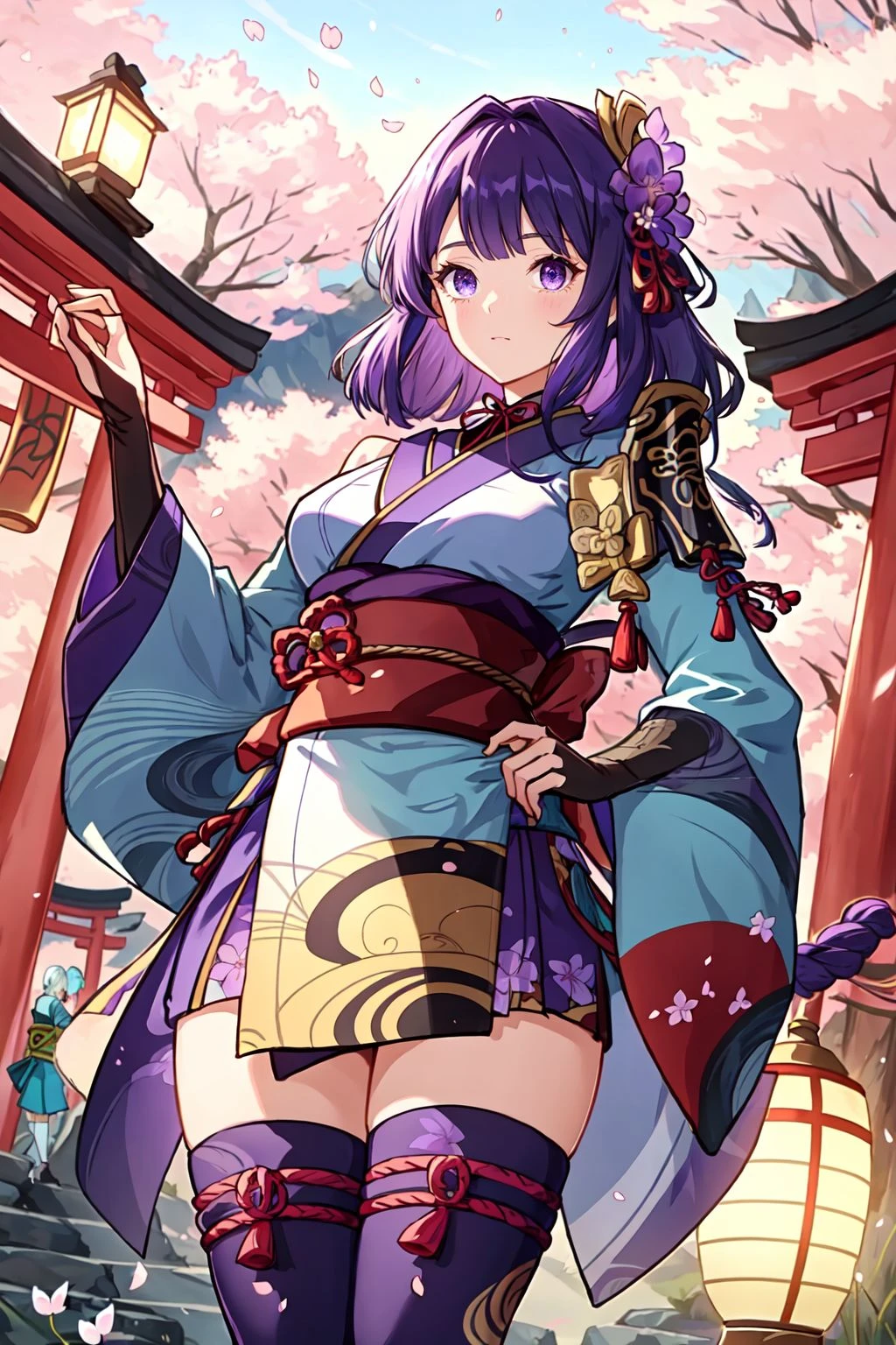 Tarot Card Style, Hoyoearth, raiden shogun, purple eyes, black thighhighs, bridal gauntlets, hair ornament,   cherry blossoms, coattails, armor, floral print, japanese clothes, kimono, long sleeves,   mitsudomoe (shape), purple flower, purple kimono, purple thighhighs, ribbon,    sash, shoulder armor, tassel, tomoe (symbol), torii, wide sleeves, a large circle of a person above a tree in an image, in the style of vibrant fantasy landscapes, teal and bronze, energy-filled illustrations, hikecore, sublime wilderness, poster art, i can't believe how beautiful this is, very detailed, cinematic angle, ultra sharp, rembrandt lighting, side lighting, cinematic shading, cinematic lighting, foreshortening, detailed background, masterpiece, best quality , official art ,  <lora:hoyoverse_SD15:0.8>