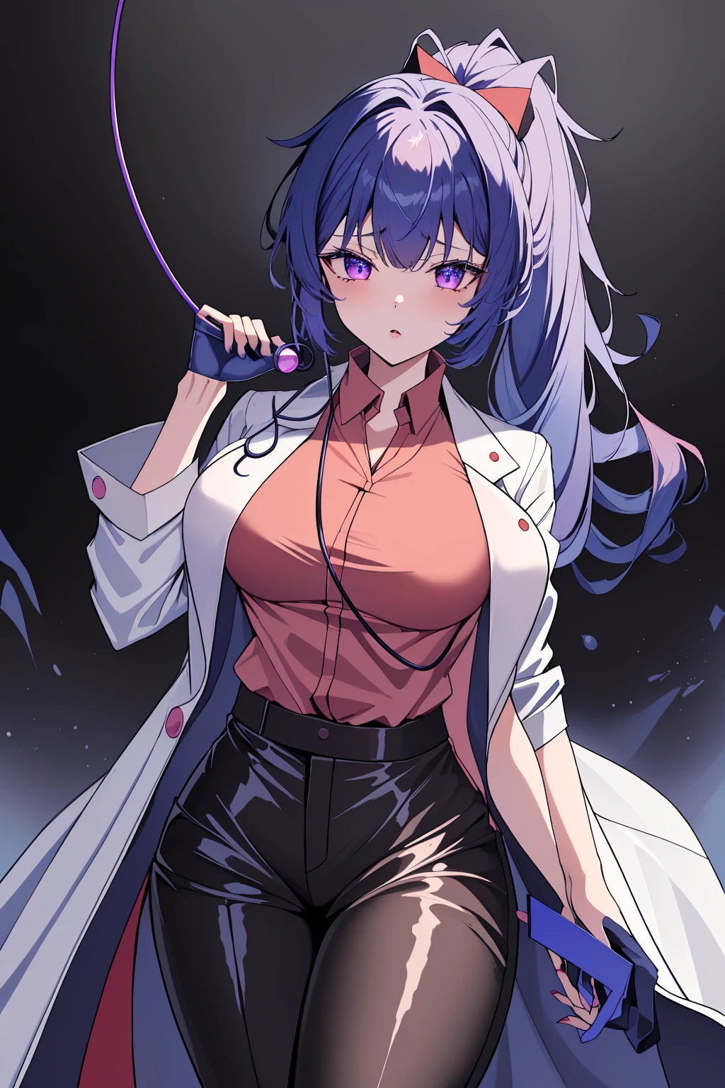((masterpiece, best quality, high quality)),1girl,<lora:infirmary_v0.1:0.5> (infirmary), <lora:Valerie Kato:0.7> (valerie kato, ocg:0002, 1girl, blue hair, bangs, purple eyes, nail polish, red nails, folded ponytail, large breasts), <lora:brwn_doctor_uniform:0.8> (bwn_doc_unif, blue gloves, pink shirt, labcoat, stethoscope,latex pants),