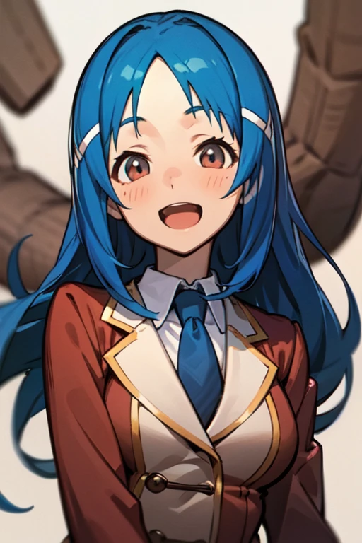 gm-megumi-1, school uniform, hair ornament, 1girl, solo, smile, school ,day, blue hair, long hair, depth of field, highres, necktie, open mouth, blush