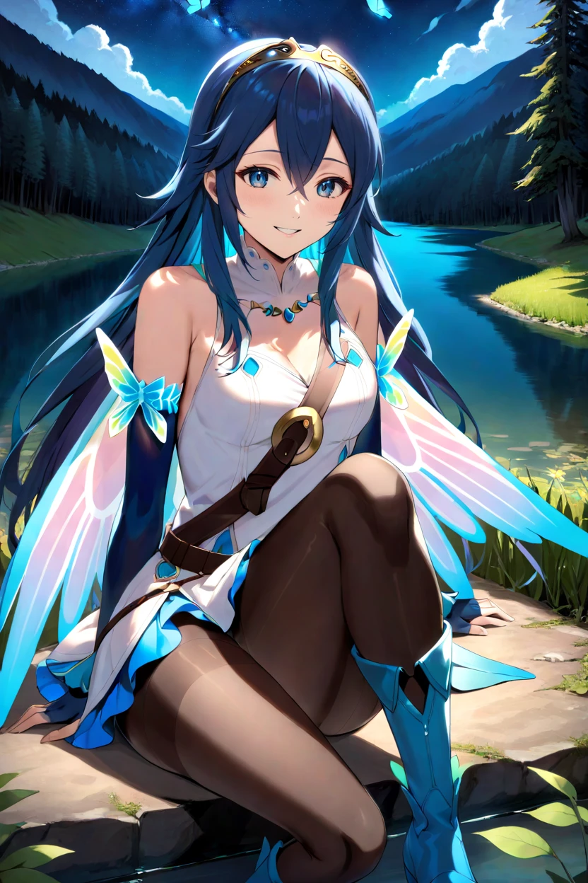 masterpiece, best quality, solo, 1girl, <lora:lucina-xl-nvwls-v1-000008:0.9> respLucy, tiara, white shirt, butterfly wings, sleeveless, blue elbow gloves, pantyhose, blue boots, lake, butterflies, night sky, alpine forest, smile, sitting
