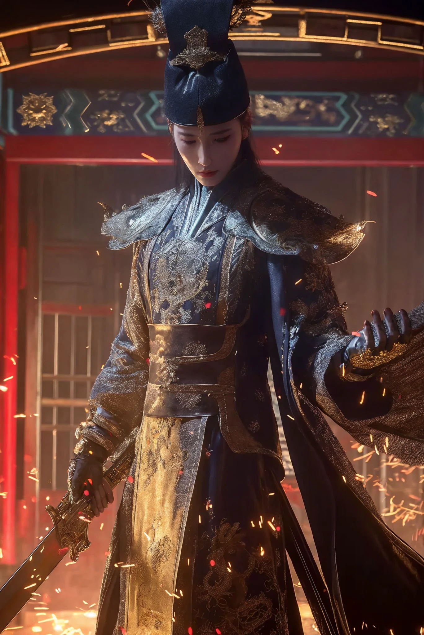 wearing embroidery traditional chinse suit,Dynamic Angle,Perspective,realistic,glowing,
xuer Embroidered Uniform Guard,solo,hat,holding sword,closed eyes,1girl,architecture,closed mouth,east asian architecture,gloves,facing viewer,artist name,
<lora:~Q?-&cSk xuer Embroidered Uniform Guard:0.8>,