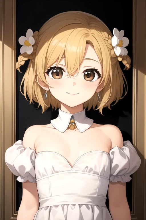 ((masterpiece)),(best quality),official art,extremely detailed CG,unity 8k wallpaper,ultra detailed,beautiful detailed eyes,extremely detailed face,1girl,solo,upper body,(portrait:1.5),looking at viewer,facing viewer,smile,(child:1.4),(aged down:1.2),rose fryberg,short hair,two side up,blonde hair,brown hair,hair flower,white flower,hair ornament,hair rings,braid,sidelocks,hair between eyes,bangs,brown eyes,detached collar,collarbone,chest jewel,puffy short sleeves,white dress,small breasts,white socks,black footwear,<lora:Rose Fryberg(vp)>,