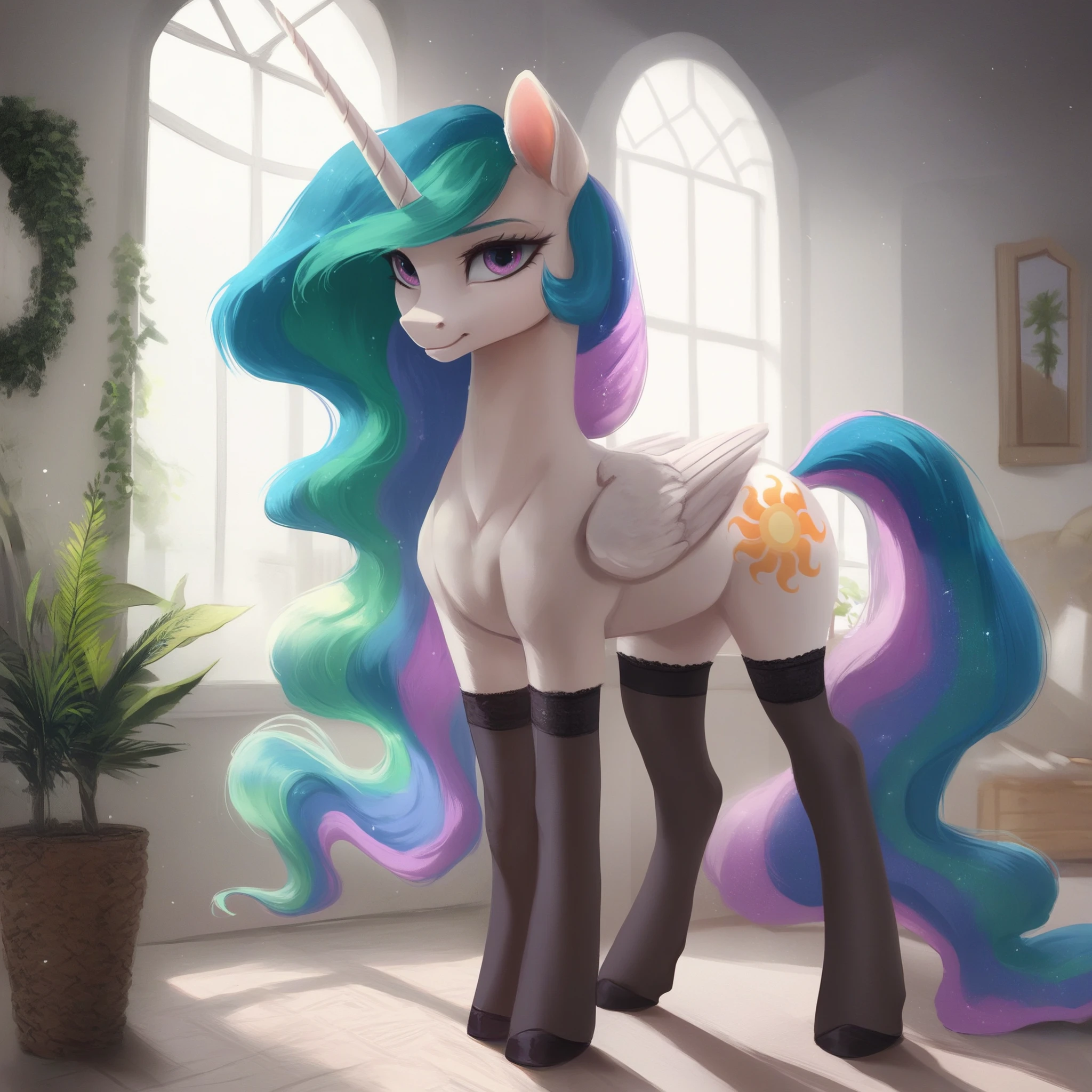 score_9, score_8_up, score_7_up, by axsens, rating_safe,
princess celestia, feral pony, looking at viewer, black thighhighs, standing, indoors, bedroom, potted plant, open window
<lora:axsens-ponyxl-2-000007:0.8>