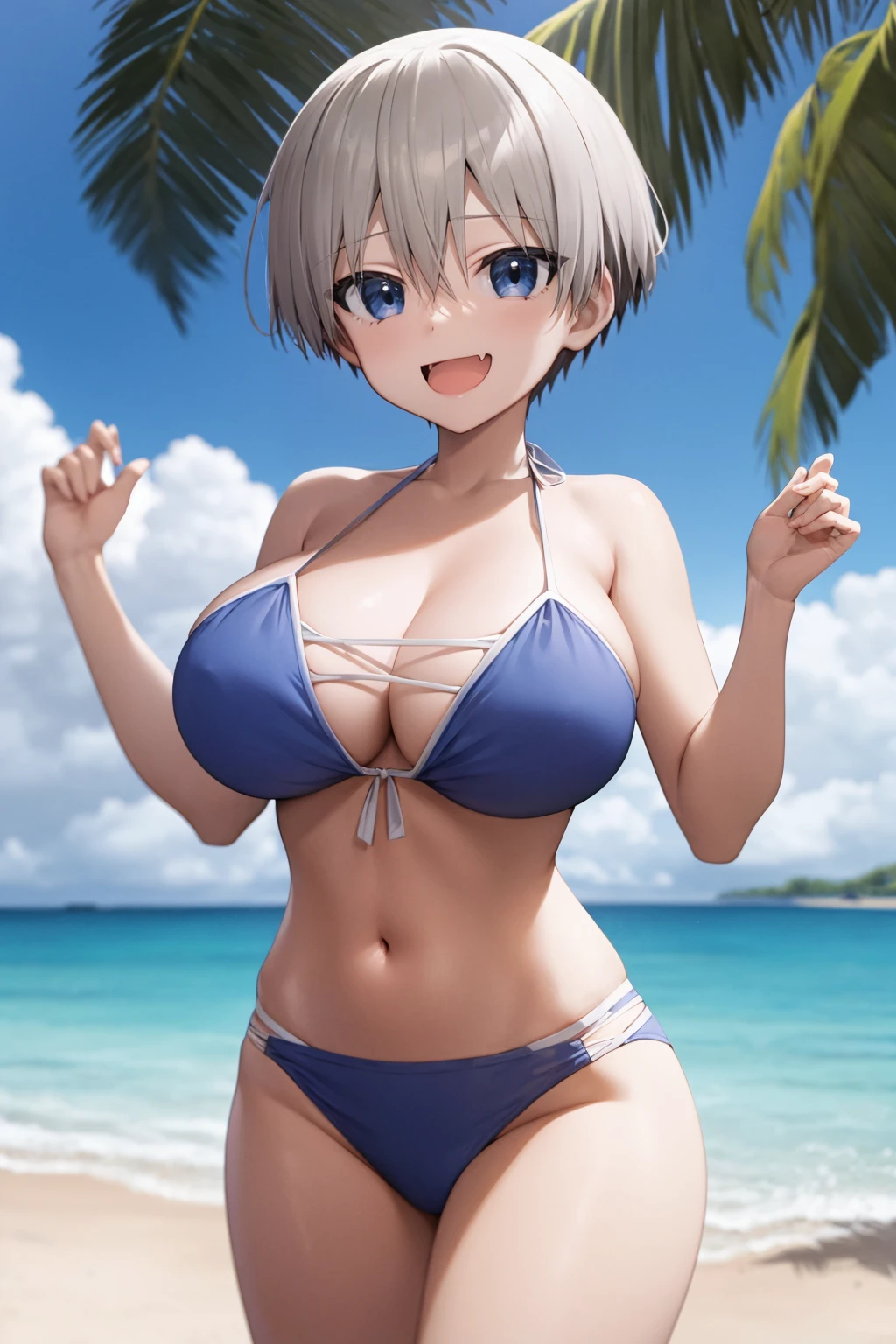 Best Quality, of the highest quality, ultra-detailliert, hight resolution, hight resolution, nffsw, 4K, 8K, Unity 8k壁纸, extremely details CG，Leave the color as it is、Short-cut hair，greyt hair，Blue eyes，She wears a white hoodie over her swimsuit，Smile，Embarrassment，very large breast，