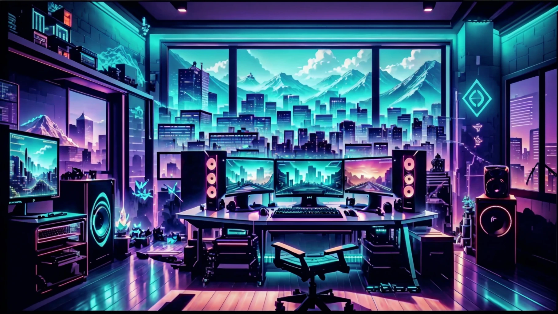 StreamerRoomz, twitch streamer setup, gamer's bedroom, no humans, window, chair, building, scenery, computer, monitor, keyboard , (computer), speaker, mouse , (computer), mountain, city, cityscape, sky, cloud, tree, indoors, masterpiece, official art, best quality , <lora:StreamerRooms:0.8>