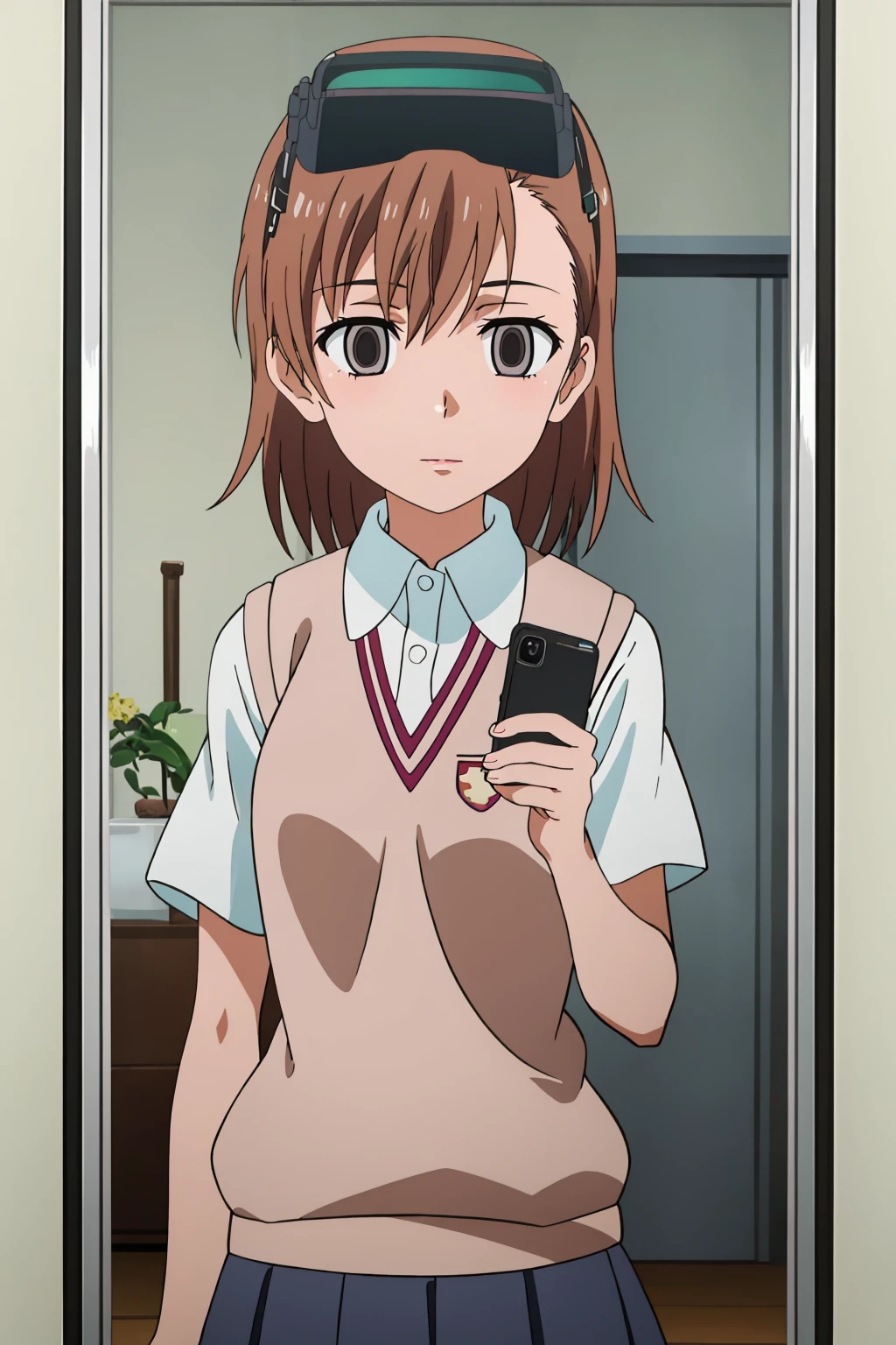 ((best quality)),((highly detailed)),masterpiece,absurdres,detailed face,beautiful face,(detailed eyes, deep eyes),1girl,((dynamic pose)) <lora:Misaka_10032V1:0.8>,<lora:animemix_v3_offset:1>, Misaka_10032, empty eyes, head-mounted display, solo, brown hair, school uniform, tokiwadai school uniform, short hair, hair ornament, sweater vest, brown eyes,  hairclip, <lora:MirrorSelfieLora:0.8>, anime, mirror selfie, holding phone, indoors, bedroom background<lora:add_detail:0.1>