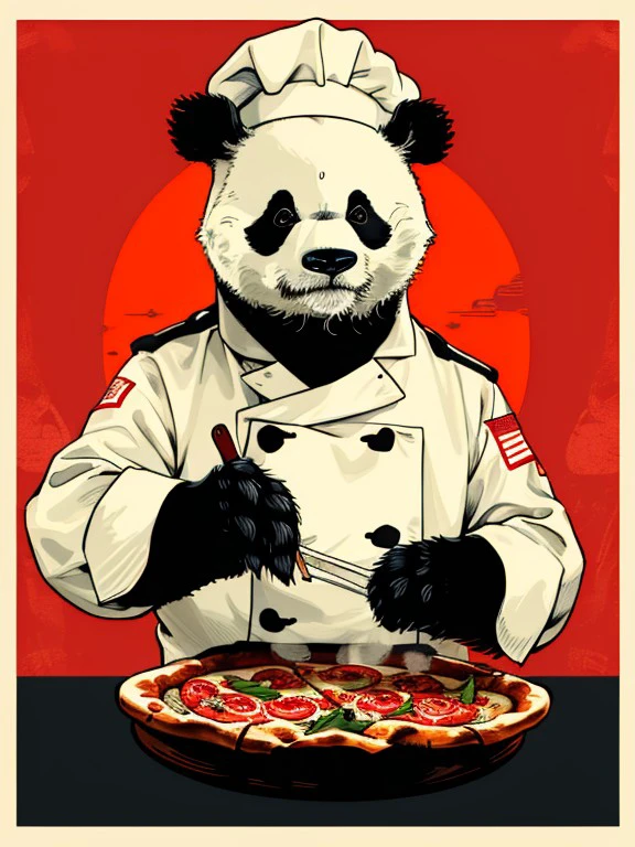 master piece, high quality, A panda bear, chef, white uniform, cooks pizza, J_poster <lora:J_poster:0.8>