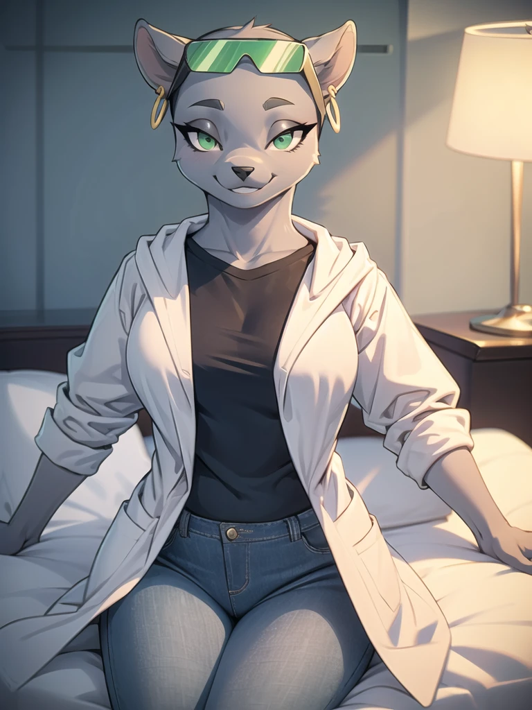 1 girl, solo,marie_itami,mink girl, grey skin, furry female, animal nose, green eyes, black puplis, animal ears, earrings, eyewear on head, (tail),(high quality, masterpiece, best quality), looking at viewer, busty, labcoat, black shirt, tight shirt, jeans, bed, smiling, bedroom, detailed eyes <lora:marie_itamiV2:0.85>