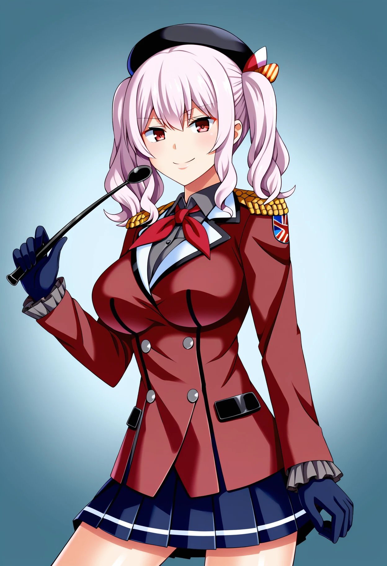 score_9, best quality, masterpiece, uncensored, source_anime
BREAK
1girl, solo, kashima (kancolle), epaulettes, twintails, hat, skirt, beret, pleated skirt, riding crop, breasts, military, wavy hair, uniform, military jacket, neckerchief, military uniform, long sleeves, buttons, large breasts, smile, looking at viewer, frills, frilled sleeves, sidelocks, gloves, jacket, holding, cowboy shot, long hair, simple background, gradient background
<lora:yamahata_rian_pony_v1:1>
