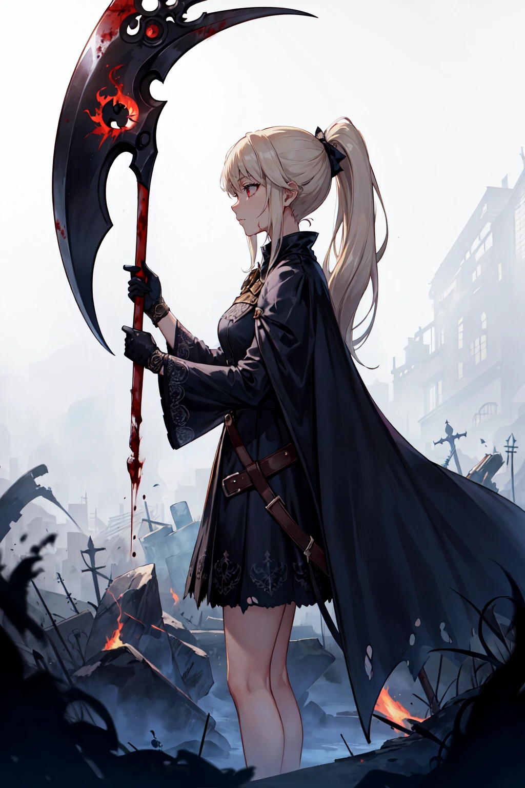 best quality, highres, absurdres, full body, (ultra-detailed:1.1025), ), ****** girl, patent drawings, dark theme, 1girl, silver hair, high ponytail, red eyes, reflection, night, from side, action, jumping, cold, blonde hair, bare legs, torn clothes, gradient background, ash, flying ash, dust, stationery, (, solo, ), cohesive background, (, character sheet, ), thin, full body, long dress, flying, scythe, big scythe, black fire, black flame, white flame, cold, ice, gothic, scythe, big scythe, monster, huge weapon, weapon, (, (best quality), ), (, (masterpiece), ), (, (ultra-detailed), ), (, illustration, ), (, detailed light, ), (, an extremely delicate and beautiful, ), (, (a beautiful girl:1.4), ), (, (cowboy shot), ), (, (standding), incredibly_absurdres, wallpaper, highres, artbook, death, ((Death Scythe)), Scythe, cloak, black background, bone, Monster, saint-like, Frightening, Perfect weapon, Death, Death, Death darksouls, blood stain, bloodborne, dark, (masterpiece), (best quality), (super delicate), (best illustration), (an extremely delicate and beautiful), (intricate detail), (depth of field), (extremely detailed), extremely detailed, 32K UHD, absurdres, super-resolution, Canon EOS MARK IV  Best_QualityPos