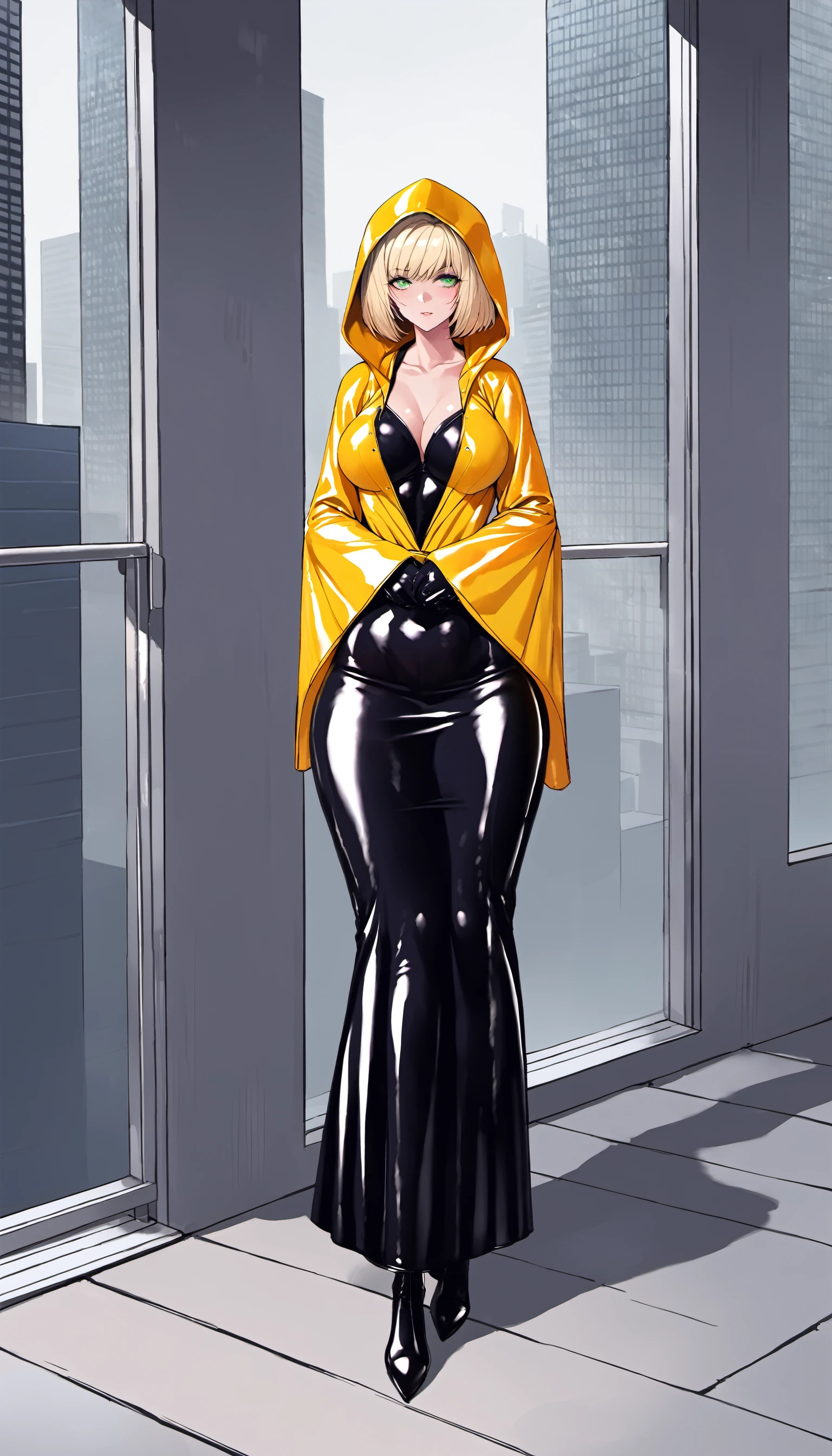 1girl, latex raincoat, (long skirt:1.2),
blonde hair, short hair, green eyes, medium breasts, bob cut,
latex, black latex dress, hoodie, wide sleeves, latex gloves, long sleeves, latex boots, latex legwear, (hood, hood up:1.2),
outdoors, in front of a building, city, skyscraper, cloudy sky, rain,
masterpiece, best quality, ultra detailed, high quality, perfect anatomy, solo, contemporary, full body, walking, pose,
detailed face, detailed eyes, detailed hair, illustration,
<lora:tesomu-xl-10e:1>